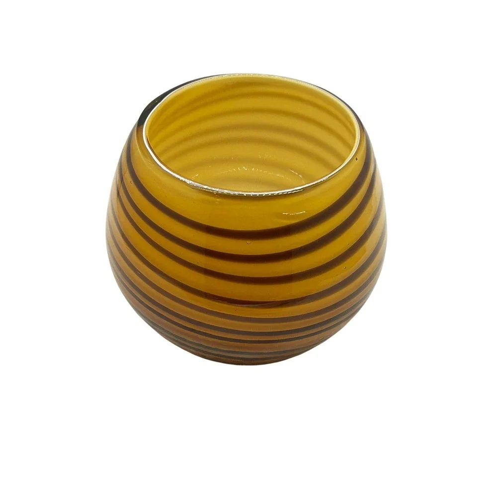 Hand Blown Amber Brown Striped Studio Art Glass Round Bulbous Bowl Votive Holder